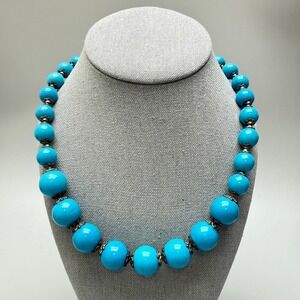 Robin Egg Blue Round Graduated Dyed Stone Bead Necklace 18" Silver Tone Spacers
